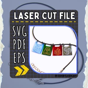 May include: A black cord necklace featuring four square pendants in blue, green, red, and silver. Each pendant has a different symbol. The image also includes the text "LASER CUT FILE" and "SVG PDF EPS".
