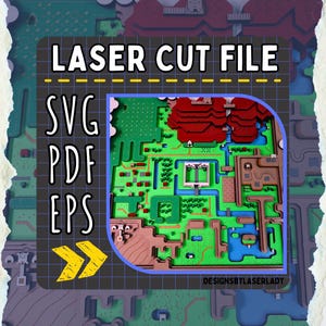May include: A multi-layered laser-cut map in green, brown, red, and blue. The text "LASER CUT FILE" is at the top, with "SVG PDF EPS" below. The map has a grid background and a blue border.