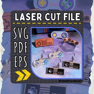 Puede incluir: Archivo de corte láser con varios diseños de mandos de videojuegos. Incluye pendientes y recortes de madera. La imagen muestra el texto "LASER CUT FILE", "SVG PDF EPS" y el nombre del vendedor.