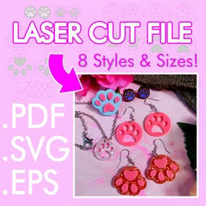 Könnte beinhalten: Ein digitaler Download von acht verschiedenen Pfotenabdruck-Designs in den Formaten PDF, SVG und EPS. Die Designs sind perfekt zum Laserschneiden und können verwendet werden, um Ohrringe, Anhänger oder andere Bastelarbeiten zu erstellen. Das Bild zeigt Beispiele der Pfotenabdruck-Designs in verschiedenen Farben und Größen.