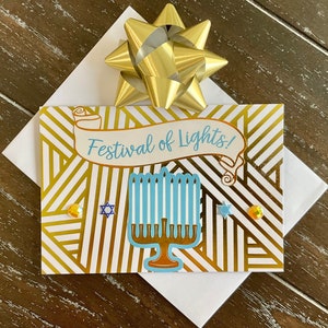 Carte de Hanoukka 3D, carte de vœux faite main - « Fête des lumières !