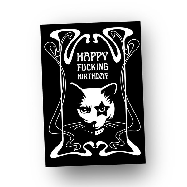 Alternative Retro Rock Cat Birthday Card for Men and Women / Happy F*cking Birthday / Fun Goth Birthday Card / UK Shop