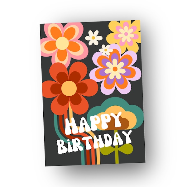 Fun Happy Birthday Card for Her / Vintage Flower Power Card for Women Wife Girlfriend Friend Sister Daughter / UK Shop