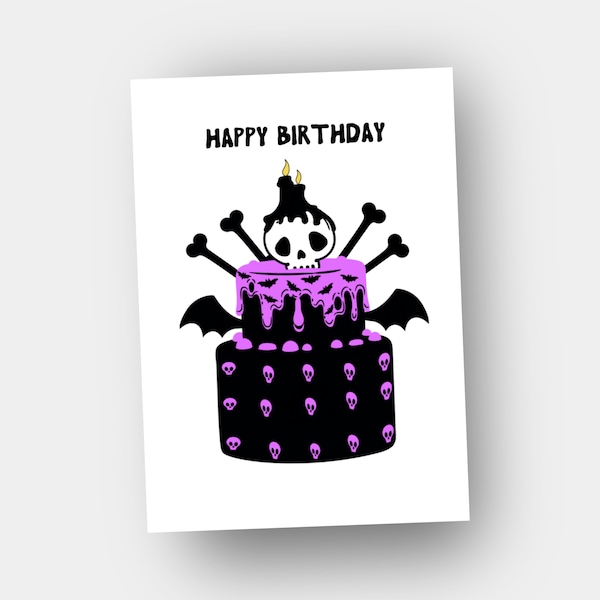 Cute Goth Skull Cake Birthday Card / Alternative Gothic Witchy Emo Card for Teens / UK Shop