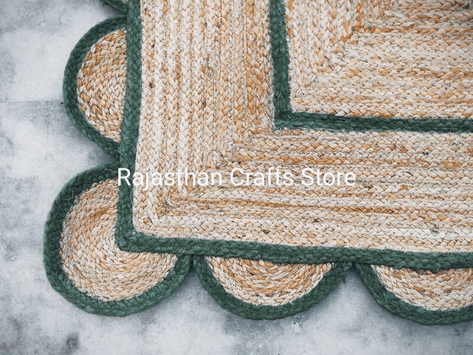Beautiful Green and Jute Natural Rectangle Scalloped Rug Etsy