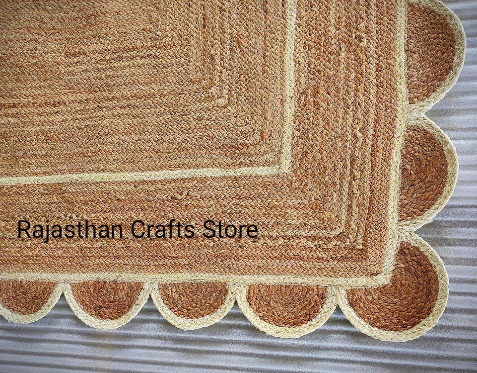 Beautiful Indian Jute Scalloped Edge Rugs Bohemian Off White Etsy