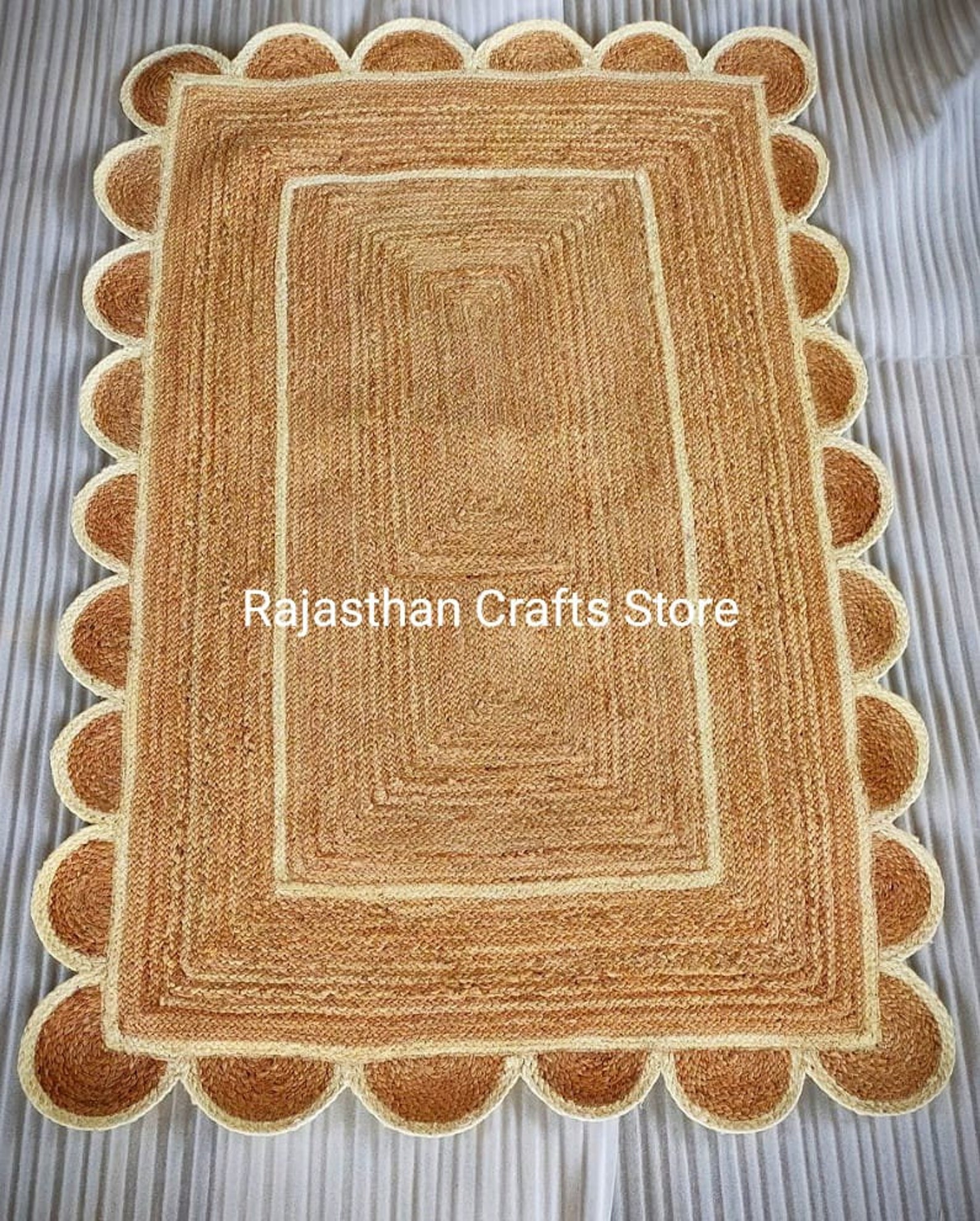 Beautiful Indian Jute Scalloped Edge Rugs Bohemian Off White Etsy