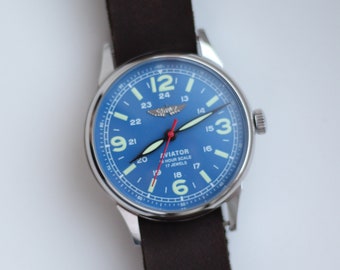 Watch Raketa Pilot AVIATOR Blue Dial Vintage Mechanism WristWatch 2609.HA USSR + leather strap