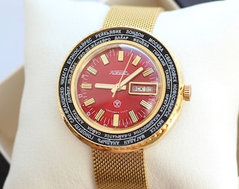 Reloj piloto antiguo Raketa CITIES, hora mundial Raketa, reloj rojo, reloj de zona horaria, reloj para hombre, reloj raketa