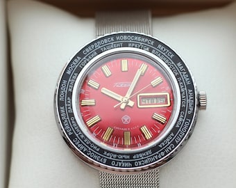 Raketa CITIES, Raketa World time, Reloj rojo, Reloj de zona horaria, reloj para hombre, reloj raketa 2628.H Ciudad / Reloj piloto antiguo