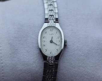 Old stock women watch LUCH gift. Square lady wristwatch vintage. Classic wrist accessory timepiece minimalist