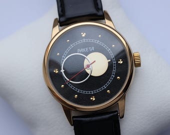 Wrist watch for men Raketa Copernicus Black· Vintage moon watch · Men's mechanical watch · Gift for husband