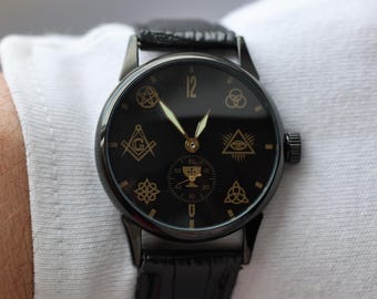 Reloj vintage Pobeda Masonic, reloj de pulsera mecánico, reloj con esfera negra, regalo de aniversario para hombre, regalo para novio