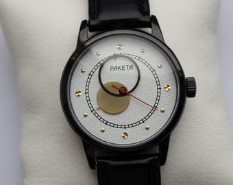 Elegant white watch Raketa Copernicus / black Watch / Rare mechanical watch / Wedding gift