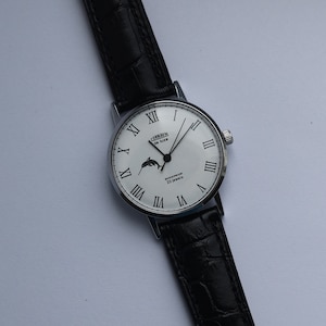 May include: A silver wristwatch with a white face and black Roman numeral hour markers. The watch has a black leather band and a small dolphin silhouette on the face.