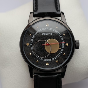 Armbanduhr Raketa Copernicus Schwarz · Vintage Mond Uhr · Mechanische Herrenuhr · Geschenk für Ehemann, Ideales Geschenk für Männer