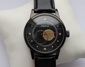 Wristwatch Raketa Copernicus Black · Vintage moon watch · Men's mechanical watch · Gift for husband, Ideal Gift for Men