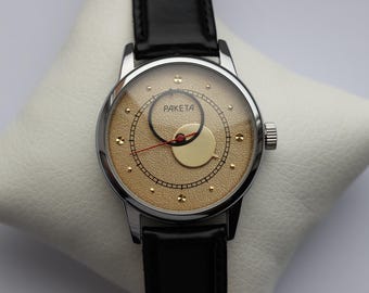 Unique mens watch, Wrist watch Raketa COPERNICUS, gift for men, marriage gift, gift for him, beige watch, mechanical watch, vintage watch