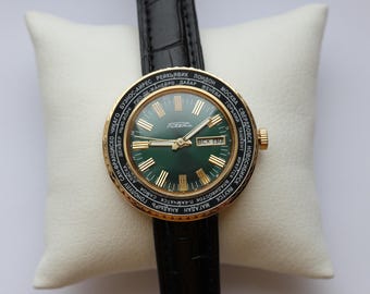 Reloj de piloto antiguo Raketa CITIES, Raketa Hora mundial, reloj verde, reloj de zona horaria, reloj para hombre, reloj raketa 2628.H City