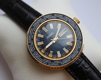 Reloj Raketa CITIES, Raketa Hora mundial, reloj azul, reloj de zona horaria, reloj para hombre, reloj raketa 2628.H Ciudad