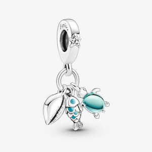 May include: A silver charm with a starfish and the word "Explore" engraved on the top. The charm features a seashell, a fish with blue accents, and a turquoise turtle. The charm is designed to be a pendant.