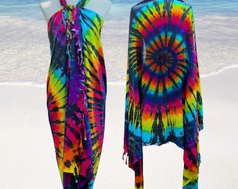 Colorful Tie Dye Sarong Beach Cover Up, Rainbow Swirl with Black Strips SR04