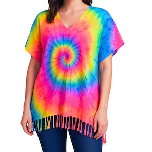 Rainbow Tie Dye Women&#39;s Top, Hand Dyed Tunic, Boho Kaftan Blouse, Tops, Beachwear, Tie Dye Clothing, Hippie