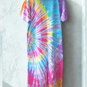 Pastel Rainbow Tie-Dye Maxi T-Shirt Dress – Bright Sweet Boho Festival Style