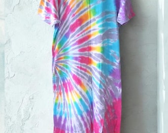 Pastel Rainbow Tie-Dye Maxi T-Shirt Dress – Bright Sweet Boho Festival Style