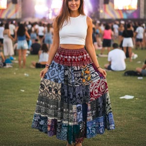 Boho Patchwork Skirts, Multi-colored Silky Rayon, Long Maxi Skirt, L-XXL size #PSK03