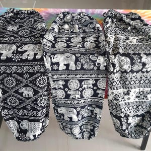 Lot of 3 Thai Elephant Boho Harem Pants – 2 Large + 1 XL | Lightweight Rayon Festival Pants Set