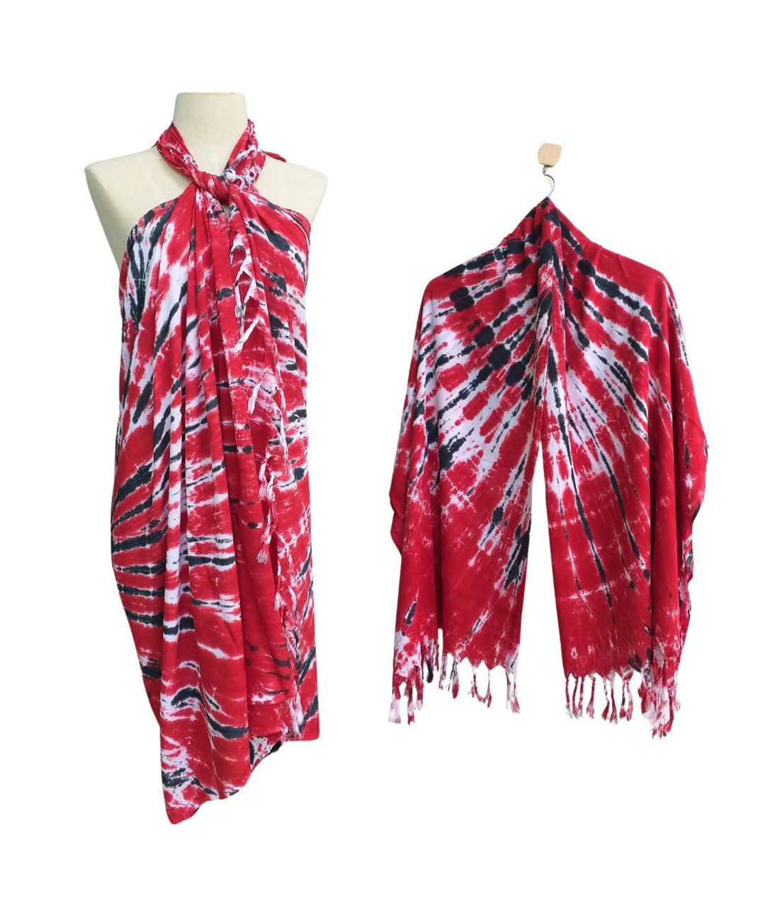 Boho Red Tie Dye Rayon Sarong, Scarf, Beach Cover up SR19 Etsy