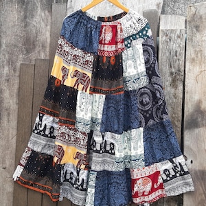 Boho Patchwork Skirts, Multi-colored Silky Rayon, Long Maxi Skirt, M-XL size #PSK04