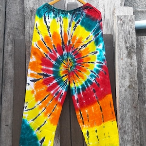 Colorful Tie Dye Rasta Reggae Pants, Boho Hippie Rayon Comfy Drawstring Elastic Pants /P04