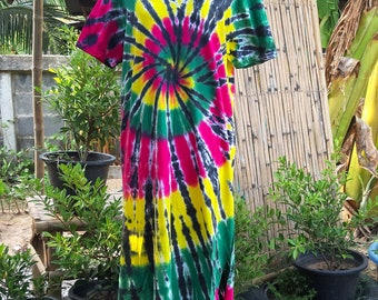 Rasta Reggae Dress, Colorful Tie dye short sleeve T-shirt dress, Boho Hippie Festival Summer Dress TD05