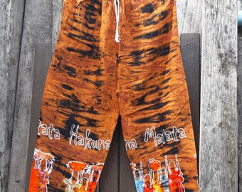Tie Dye Bleached Black-Brown Pants with Drawstring, Boho Hippie Unisex Comfy Rayon Pants. / PB03