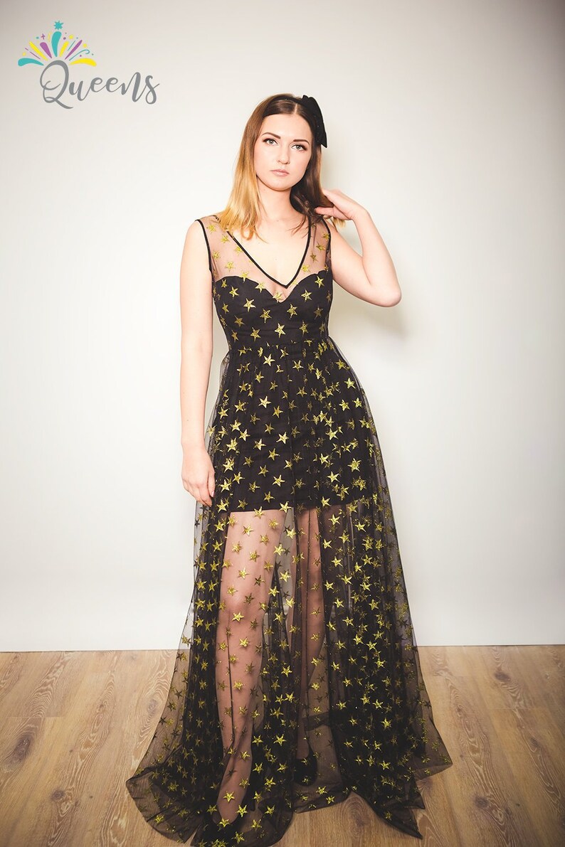 black dress with gold stars