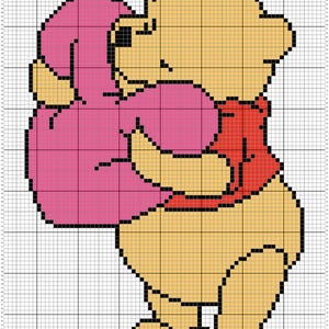 May include: A cross-stitch pattern on a white grid featuring a yellow bear wearing a red shirt, embracing a pink piglet. The design uses black outlines to define the shapes of the characters, with the bear on the right and the piglet on the left.