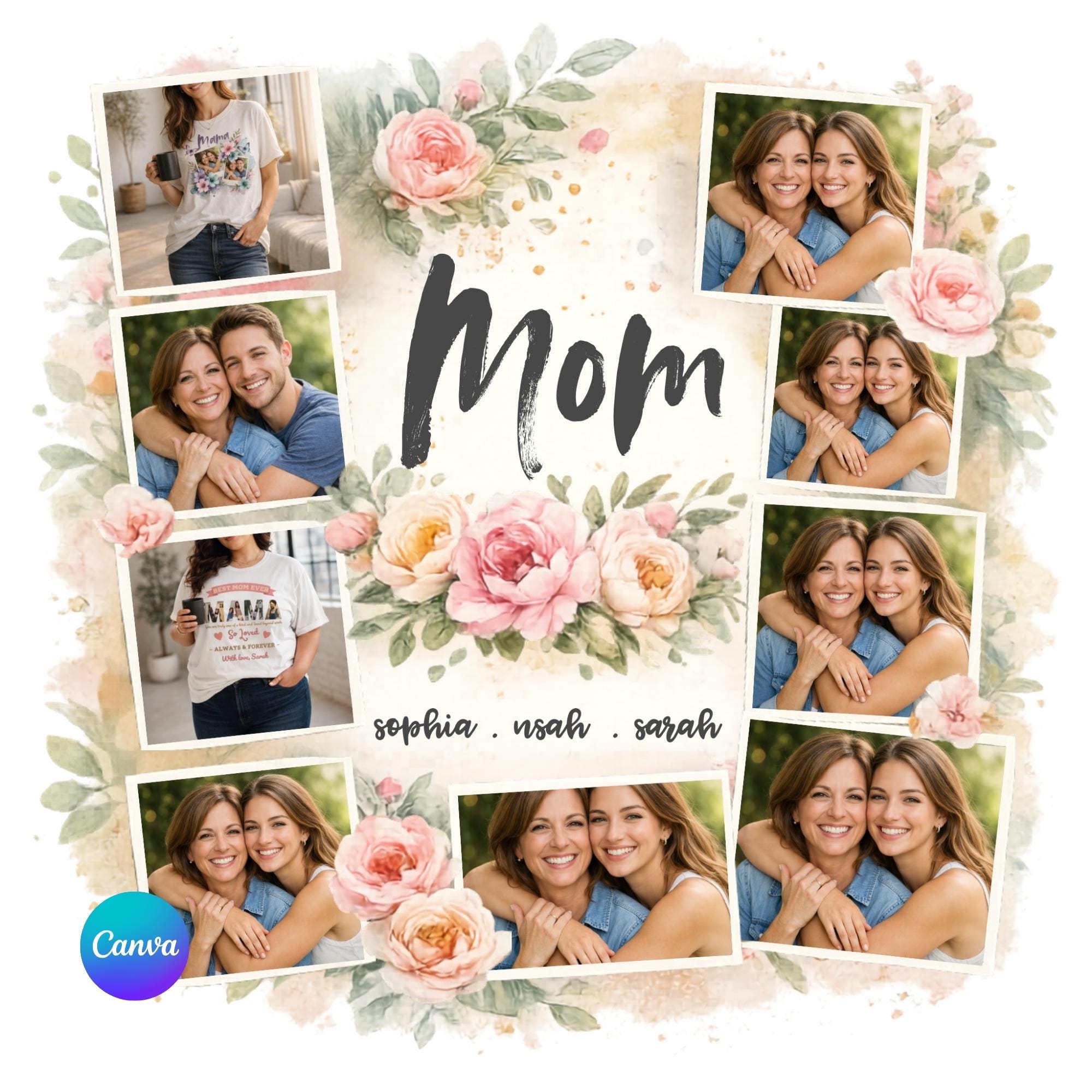 Mothers Day Photo Collage Canva Template, Watercolor Floral Mom T-shirt ...