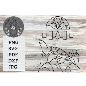 May include: Black and white line art illustration of a turtle with a geometric design above it. The turtle is on a rock with a wave behind it.
