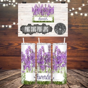 May include: Three stainless steel tumblers with a lavender floral design and the word "lavender" printed on the bottom of each tumbler.