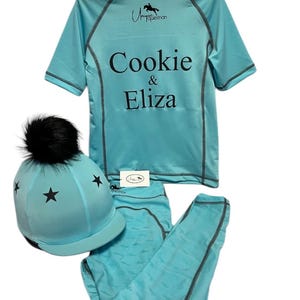 Children's Matchy Matchy Riding Set-Summer Pony Camp - Mint Personalised Numnah, Riding Leggings-Breathable Base Layer-Hat Silk-ears. image 9