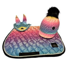 Rainbow Leopard Print Saddle Pad Set with Matching Fly Veil & Hat Silk - Beautiful gift