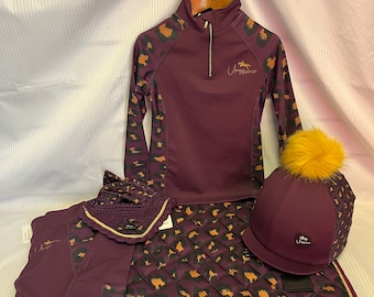 Equestrian Horse Riding Set Plum Leopard Print Full Matchy Children's and Adults Sets Baselayer Leggings & Optional Silk