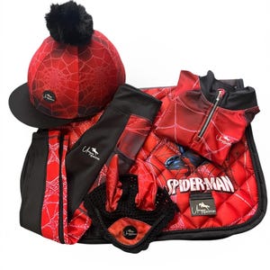 Kids Pony Riding Set Children's Spider-Man Equestrian Set - Base Layer, Leggings, Saddle Pad Hat & Ear Net - Optional Front Brushing Boots. image 12