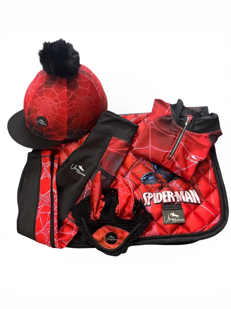 Kids Pony Riding Set Children's Spider-Man Equestrian Set - Base Layer, Leggings, Saddle Pad Hat & Ear Net - Optional Front Brushing Boots. image 12