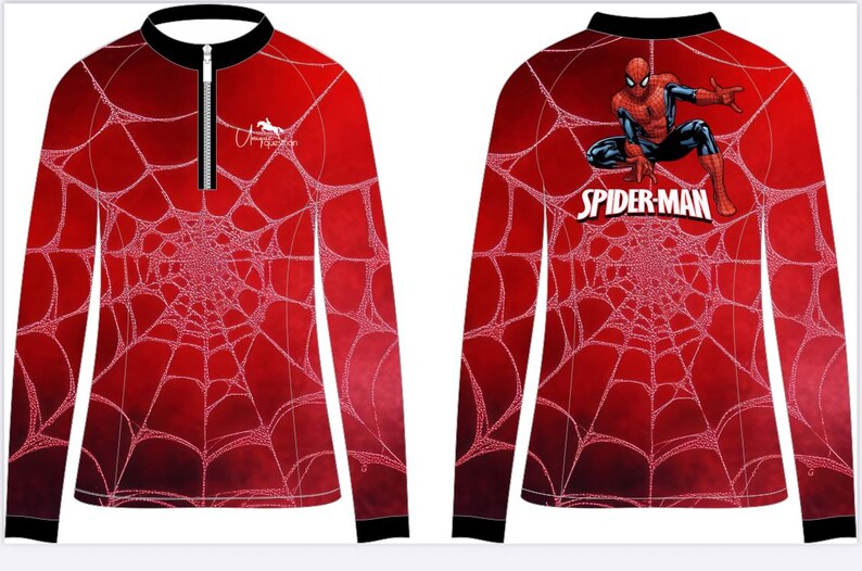 May include: Red long-sleeve shirt featuring a white spiderweb design. The front has a partial zipper and a small logo. The back displays a Spider-Man graphic and the words "Spider-Man" in white.
