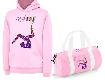 Sweat à capuche imprimé gymnaste pailleté et sac tonneau ou pièces de rechange personnalisées avec NOM bnwt