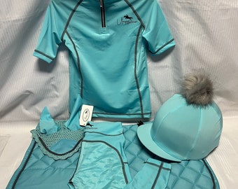 Fully Matchy Personaised Mint Coloured Set Long or Short Sleeves Baselayer Riding Tights Personalised Saddle Pad, Fly Veil, Hat Silk