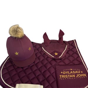 Plum Horse Saddle Pad, with name Set Includes Numnah, Fly Veil and matching Hat Silk Equestrian Gift.  Rug Comes with Rider & Pony Name